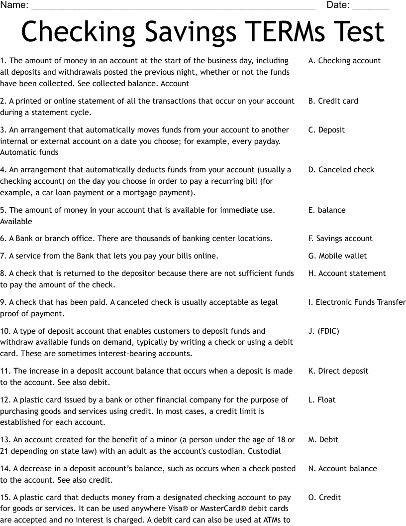 Checking Savings TERMs Test Worksheet