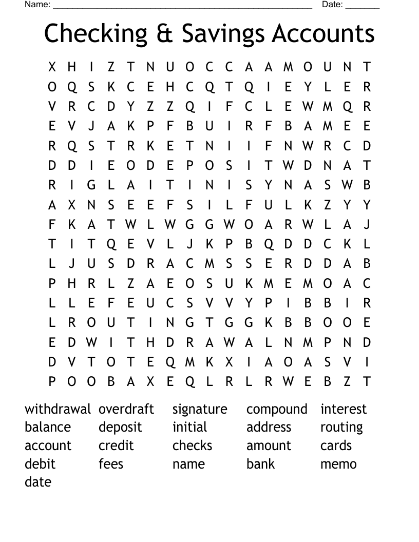 Checking & Savings Accounts Word Search