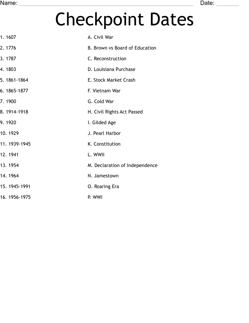 Checkpoint Dates Worksheet