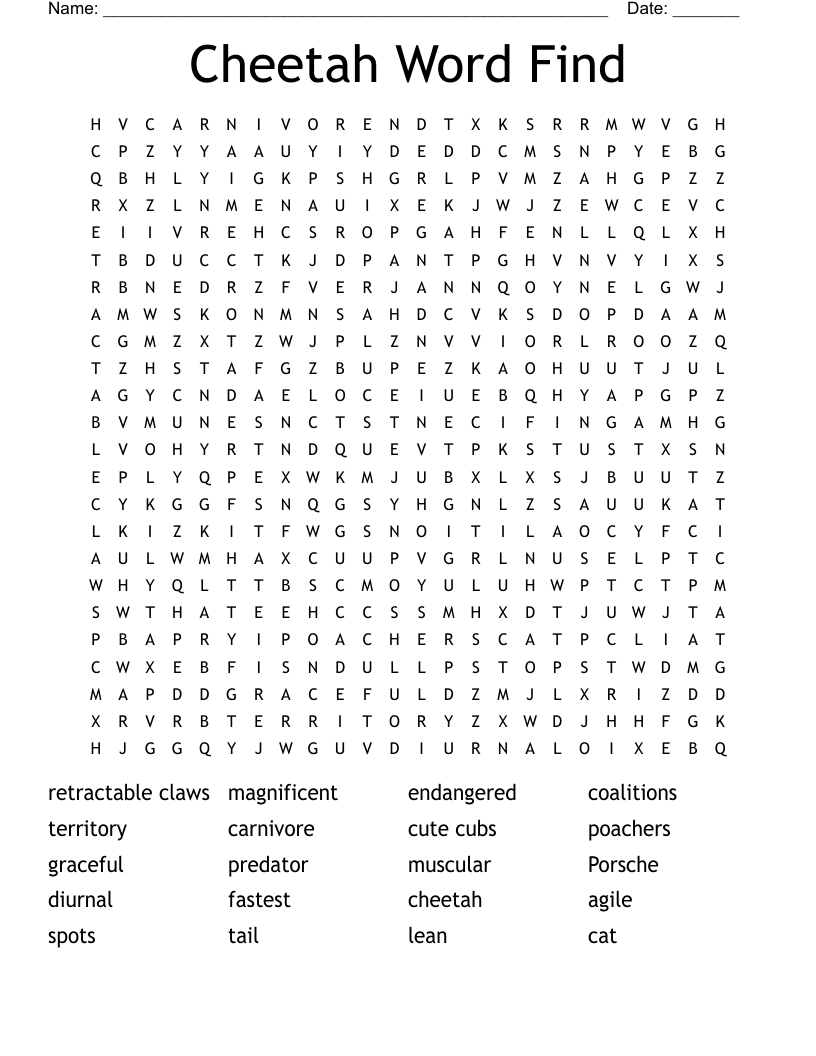 Cheetah Word Find Word Search