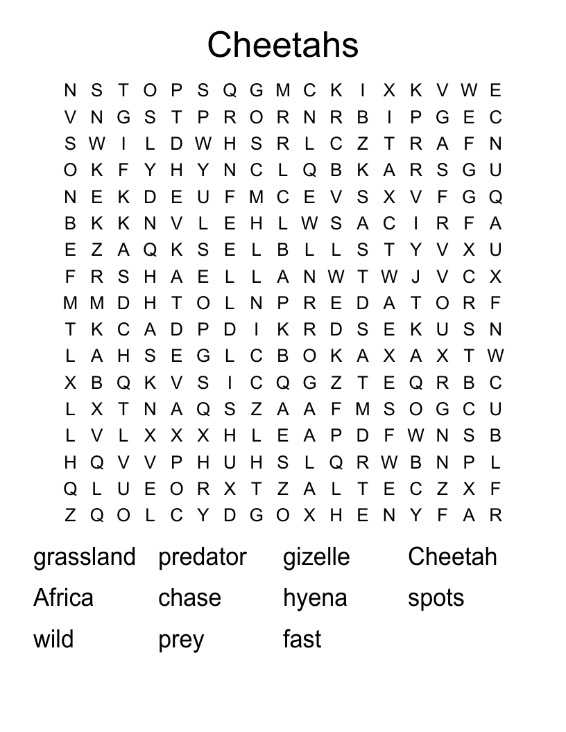 Cheetahs Word Search