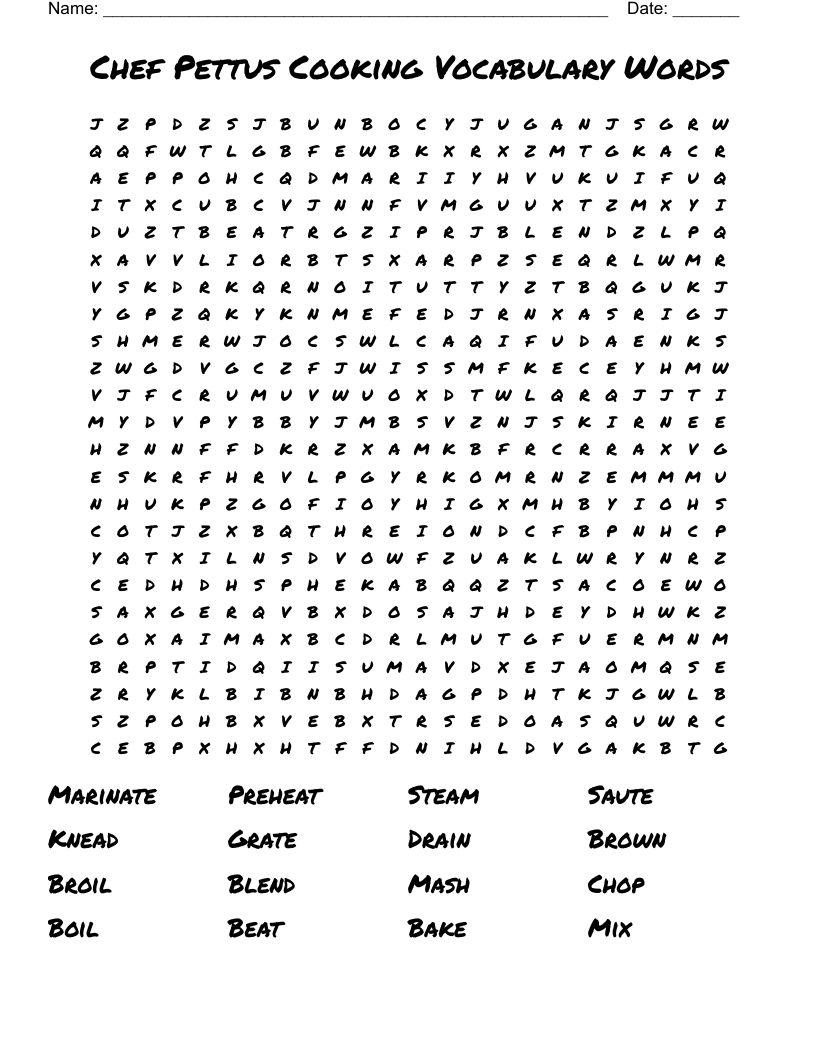 Chef Pettus  Cooking Vocabulary Words Word Search