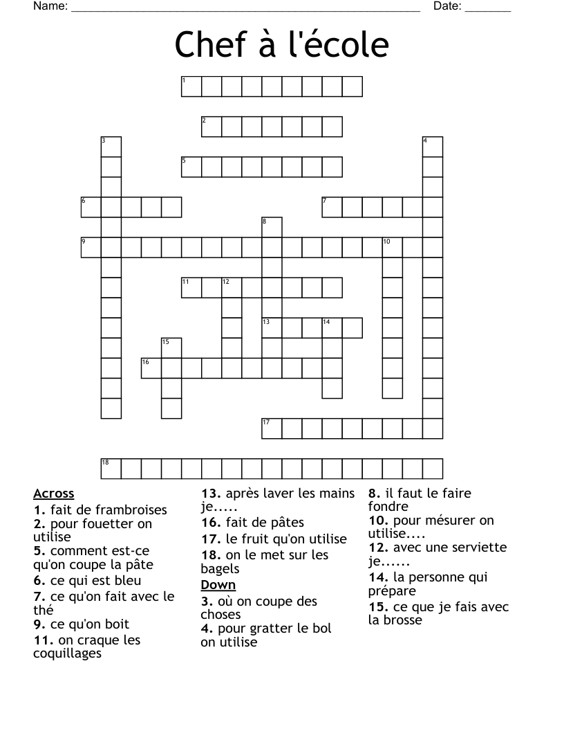 Chef à l'école Crossword