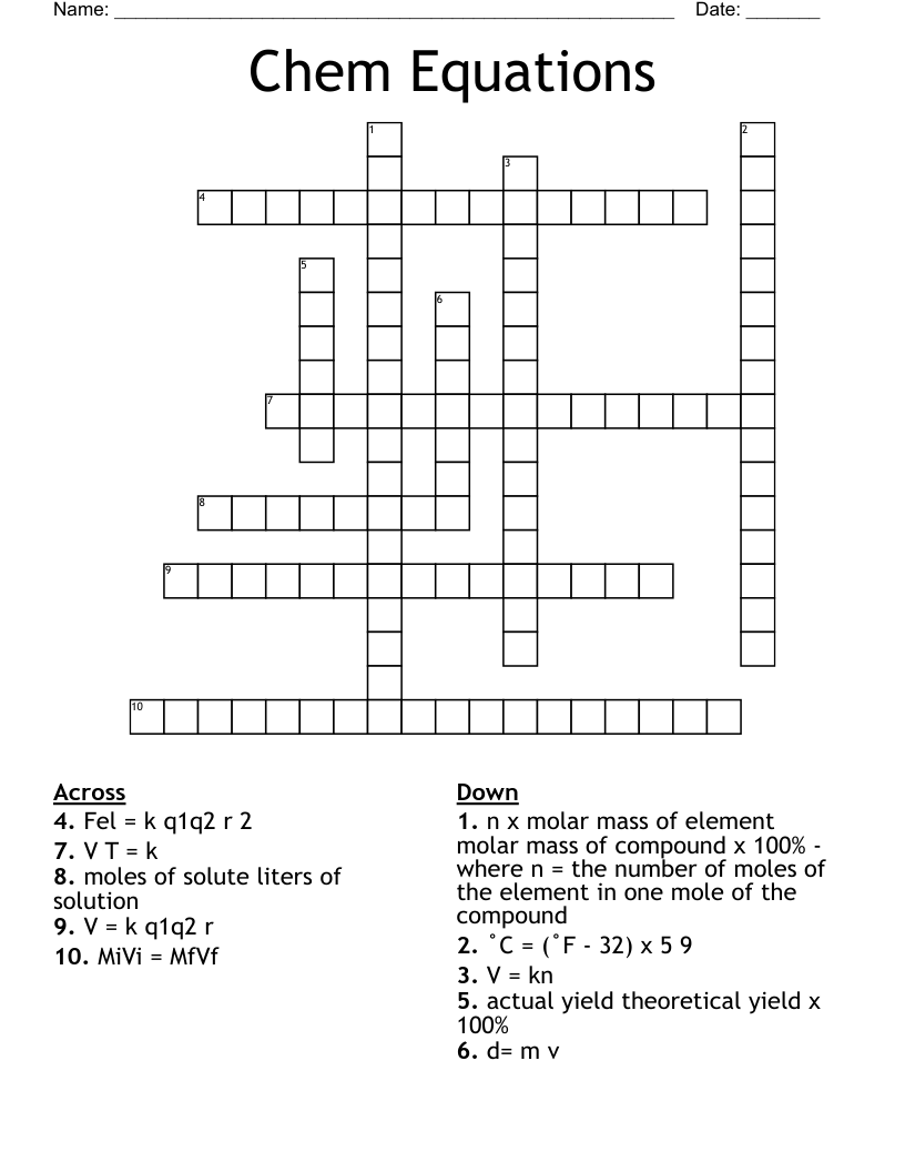 Chem Equations Crossword