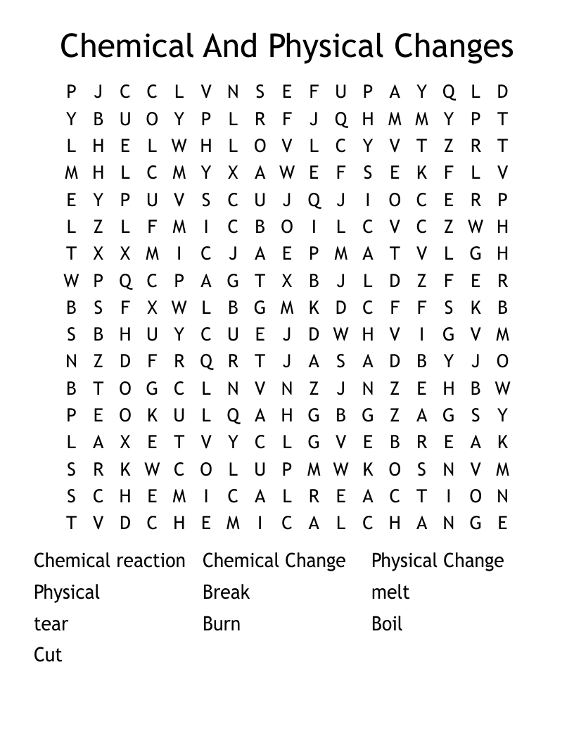 Chemical And Physical Changes Word Search