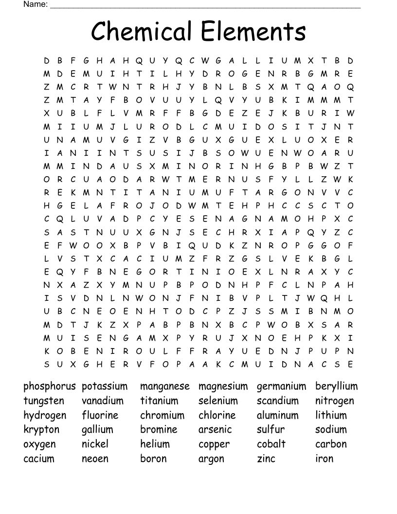 Chemical Elements Word Search