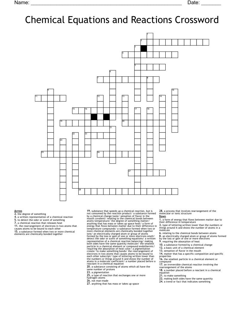 Chemical Equations and Reactions Crossword