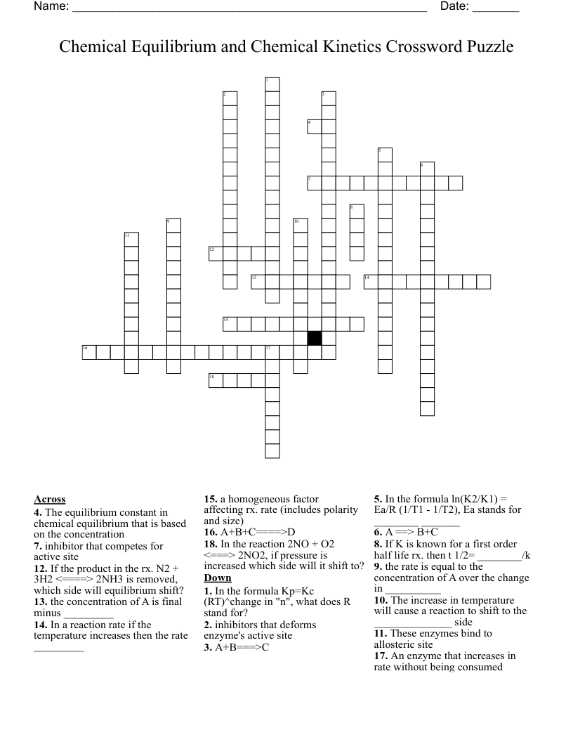 Chemical Equilibrium and Chemical Kinetics Crossword Puzzle