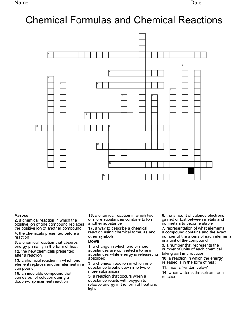 Chemical Formulas and Chemical Reactions Crossword