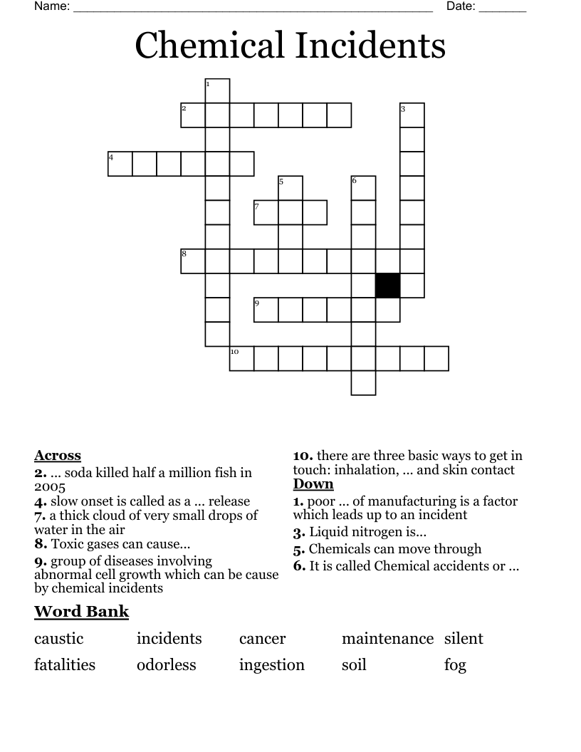 Chemical Incidents Crossword