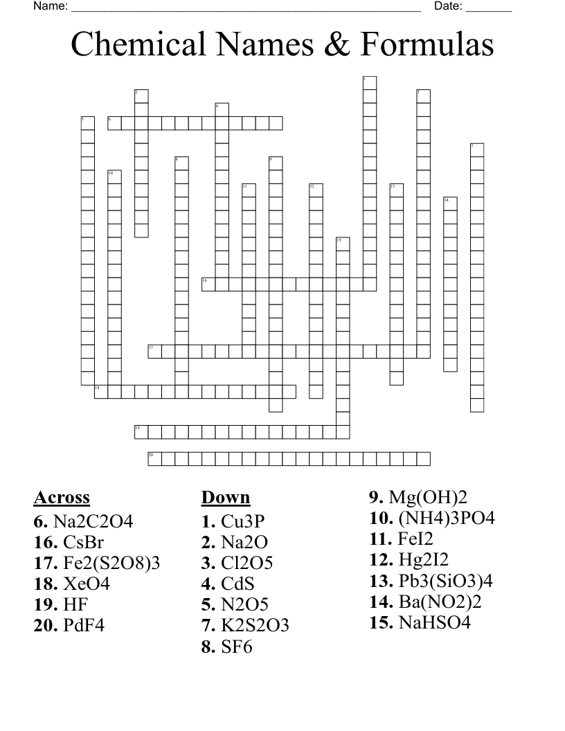 Chemical Names & Formulas Crossword