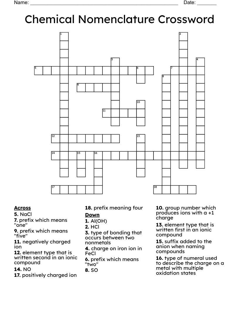 Chemical Nomenclature Crossword
