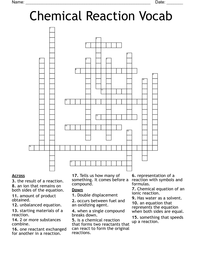 Chemical Reaction Vocab Crossword