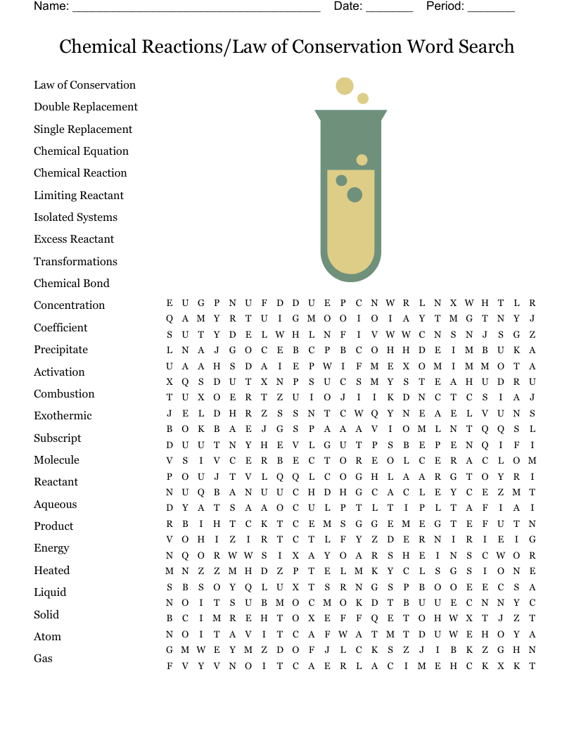 Chemical Reactions/Law of Conservation Word Search