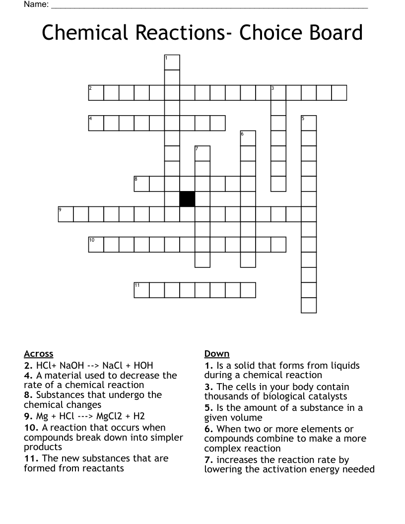 Chemical Reactions- Choice Board Crossword