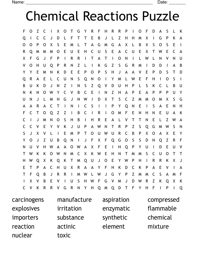 Chemical Reactions Puzzle Word Search