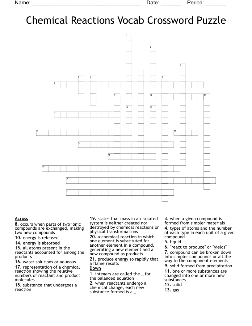 Chemical Reactions Vocab Crossword Puzzle