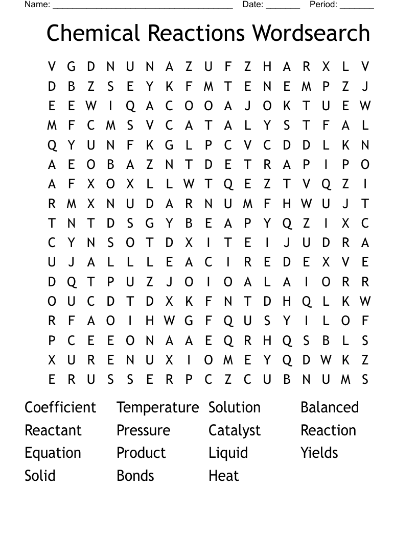 Chemical Reactions Wordsearch 