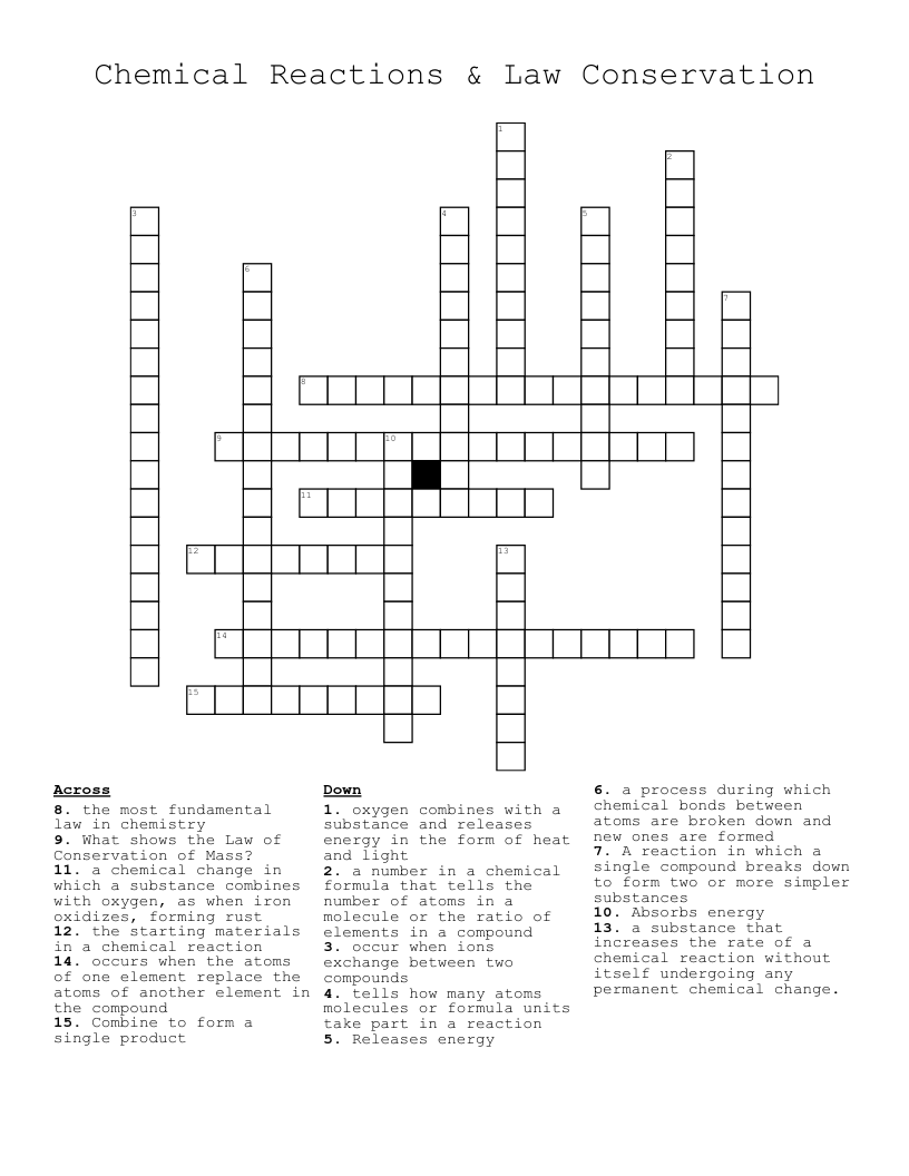 Chemical Reactions & Law Conservation Crossword