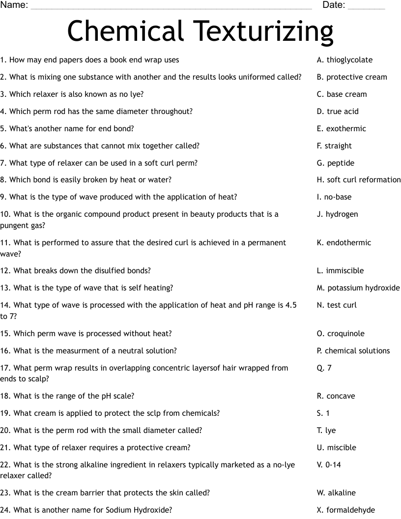 Chemical Texturizing Worksheet