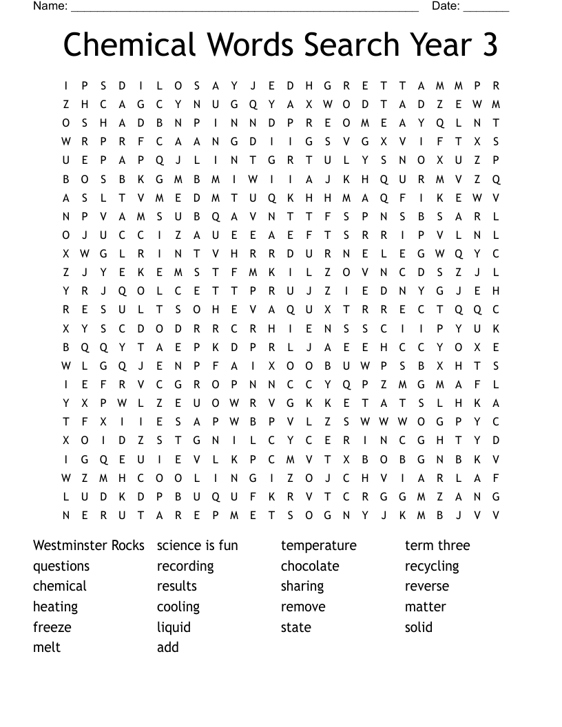 Chemical Words Search Year 3  Word Search