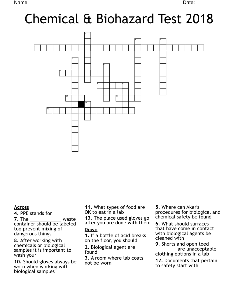 Chemical & Biohazard Test 2018 Crossword