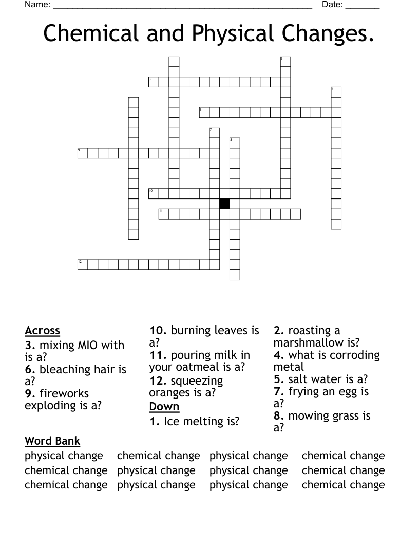 Chemical and Physical Changes. Crossword