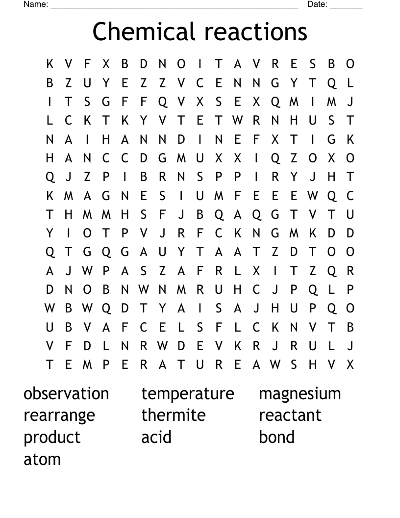 Chemical reactions Word Search