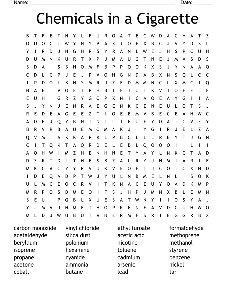 Chemicals in a Cigarette Word Search