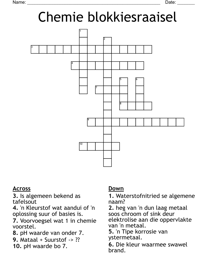 Chemie blokkiesraaisel Crossword