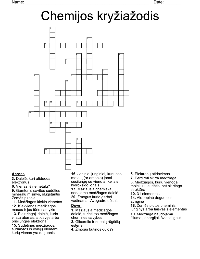Chemijos kryžiažodis Crossword
