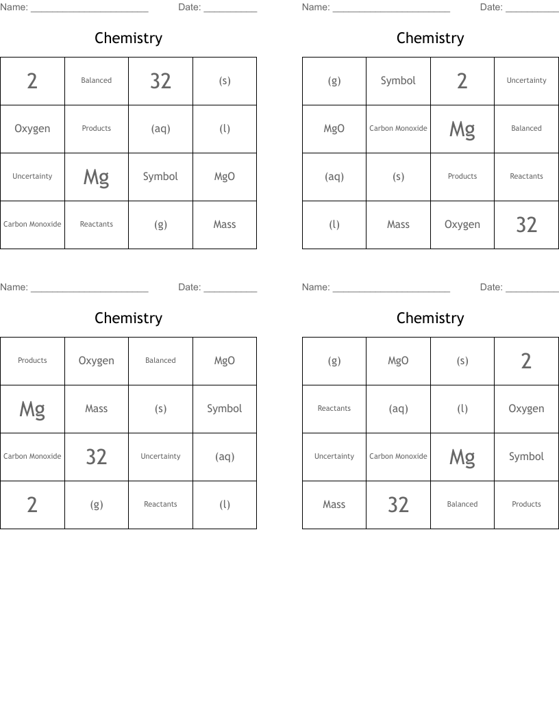 Chemistry Bingo Cards