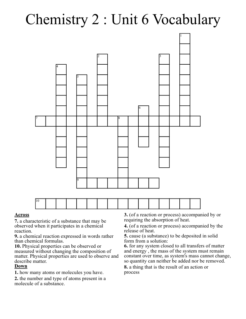 Chemistry 2 : Unit 6 Vocabulary Crossword