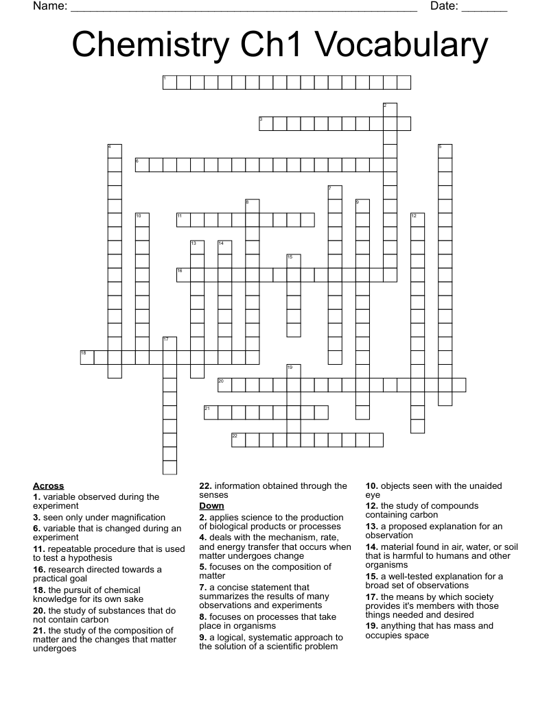 Chemistry Ch1 Vocabulary Crossword