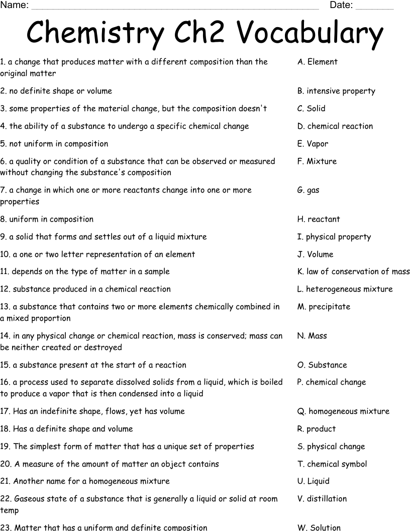 Chemistry Ch2 Vocabulary Worksheet