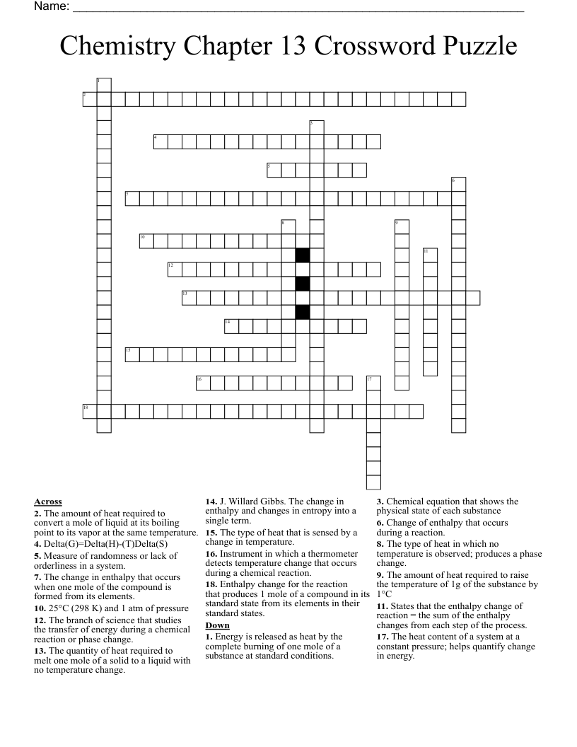 Chemistry Chapter 13 Crossword Puzzle