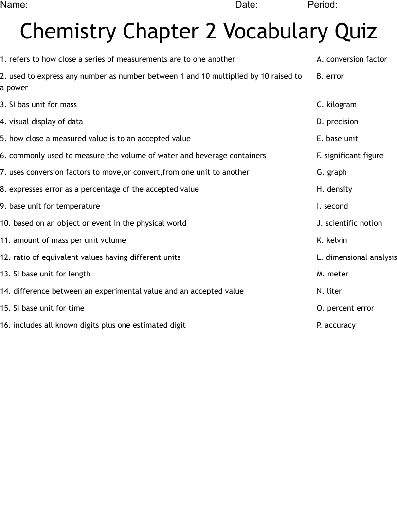 Chemistry Chapter 2 Vocabulary Quiz Worksheet