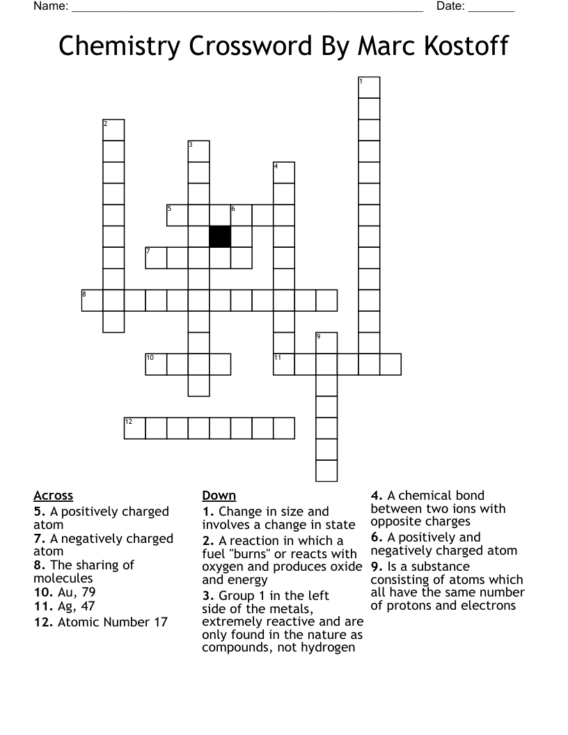 Chemistry Crossword By Marc Kostoff