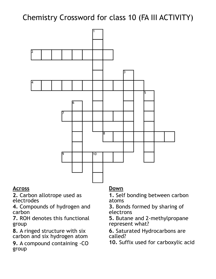 Chemistry Crossword for class 10 (FA III ACTIVITY)