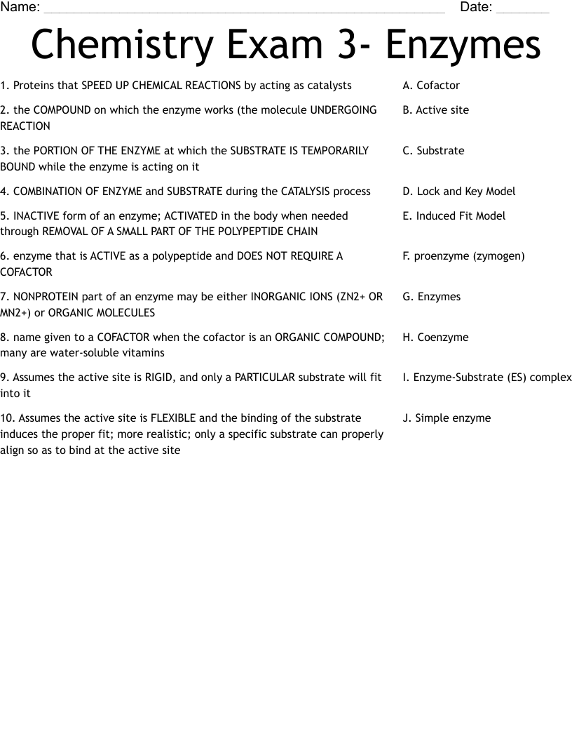 Chemistry Exam 3- Enzymes Worksheet