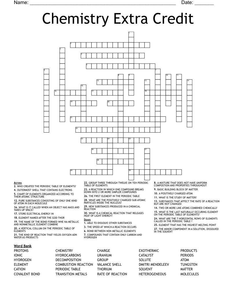Chemistry Extra Credit Crossword