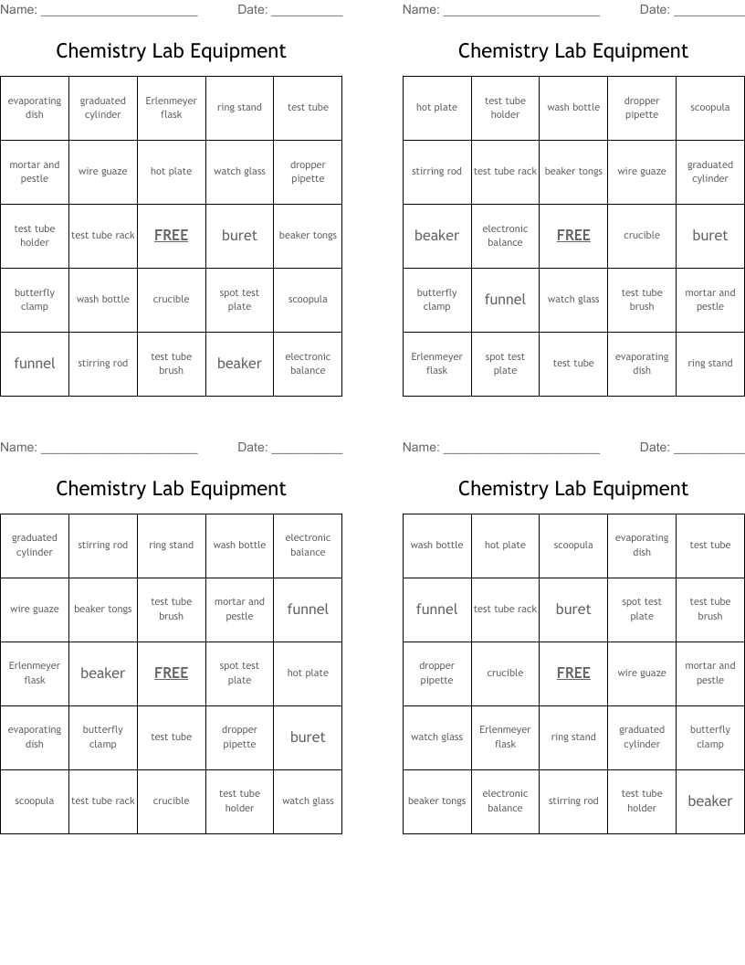 Chemistry Lab Equipment Bingo Cards