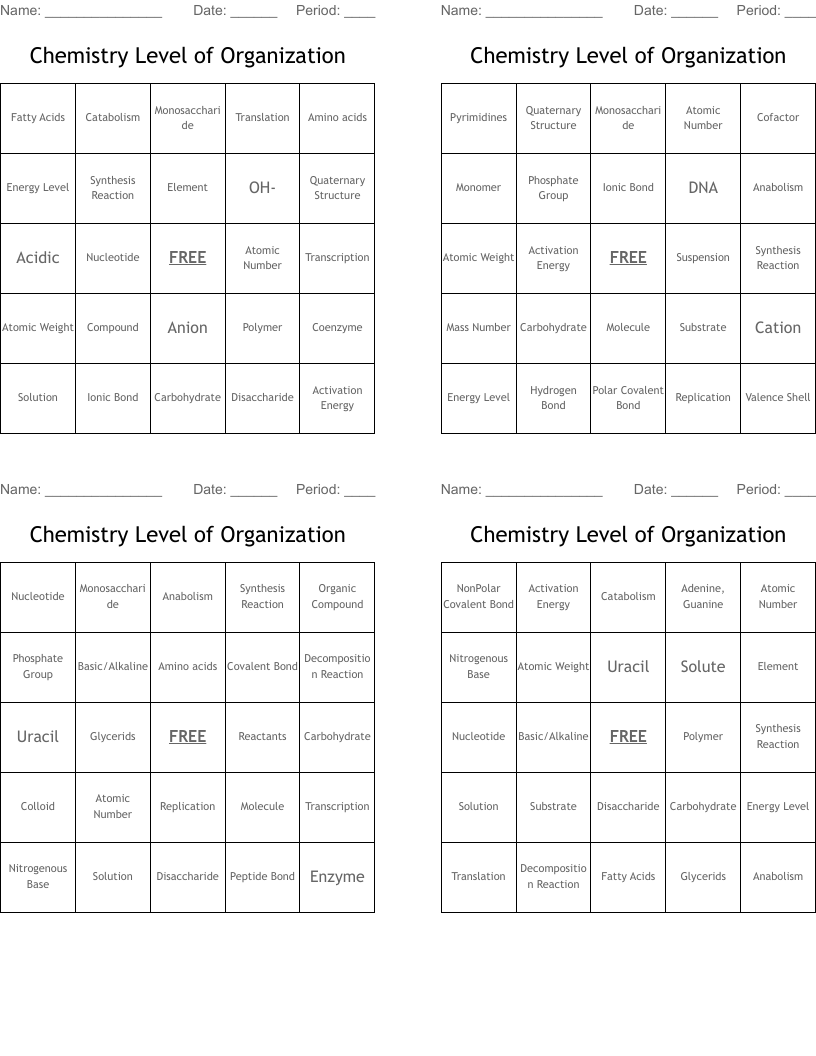 Chemistry Level of Organization Bingo Cards