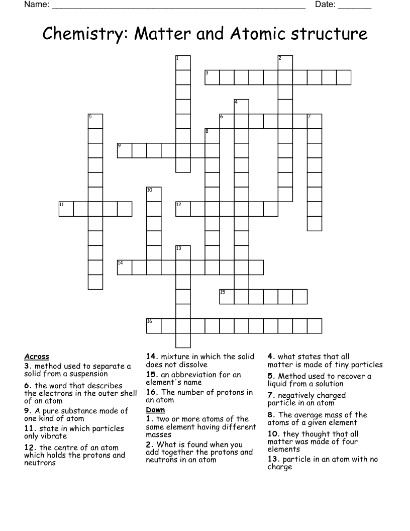 Chemistry: Matter and Atomic structure Crossword