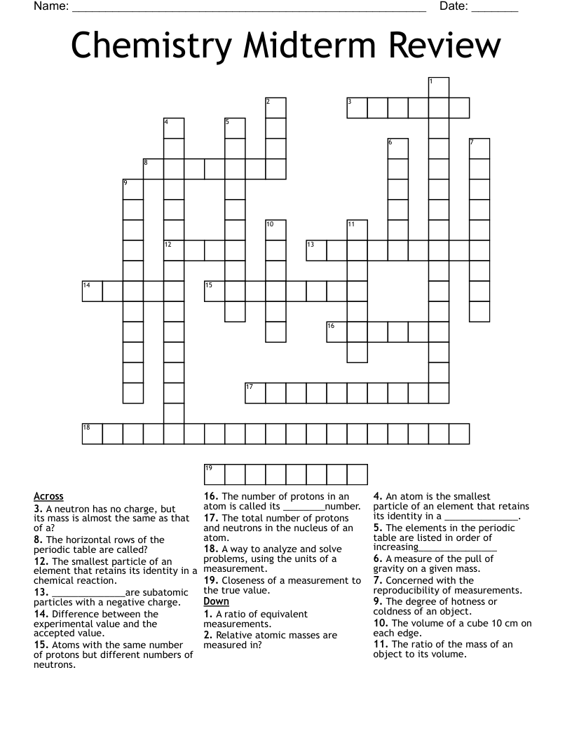 Chemistry Midterm Review Crossword