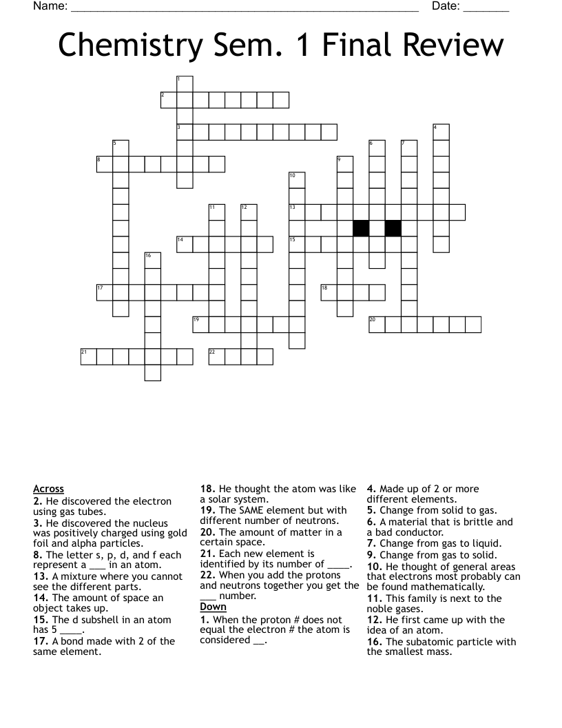 Chemistry Sem. 1 Final Review Crossword