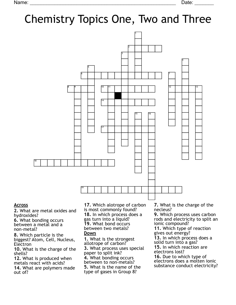 Chemistry Topics One, Two and Three Crossword