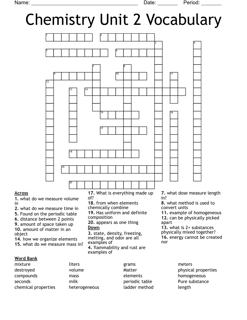 Chemistry Unit 2 Vocabulary Crossword