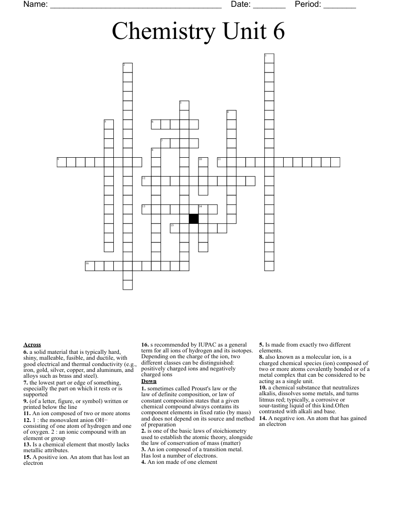 Chemistry Unit 6 Crossword