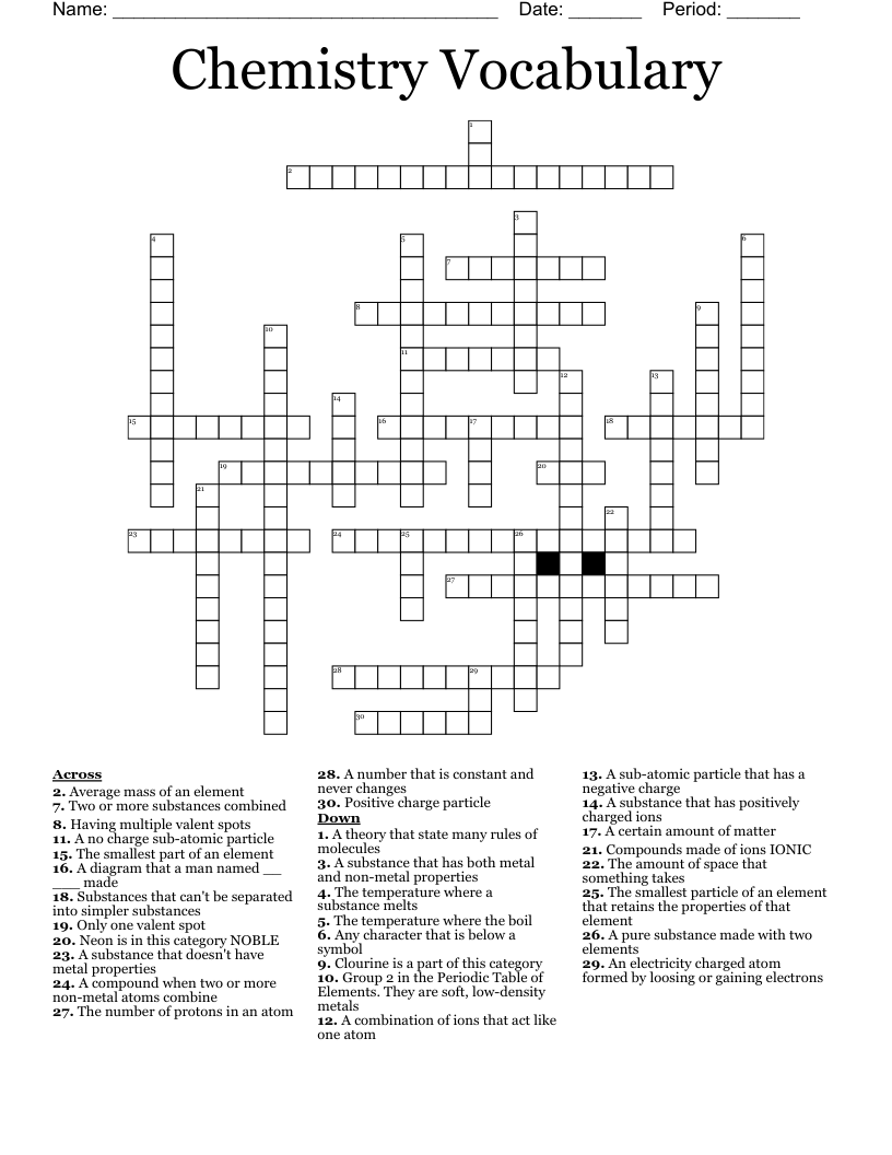 Chemistry Vocabulary Crossword